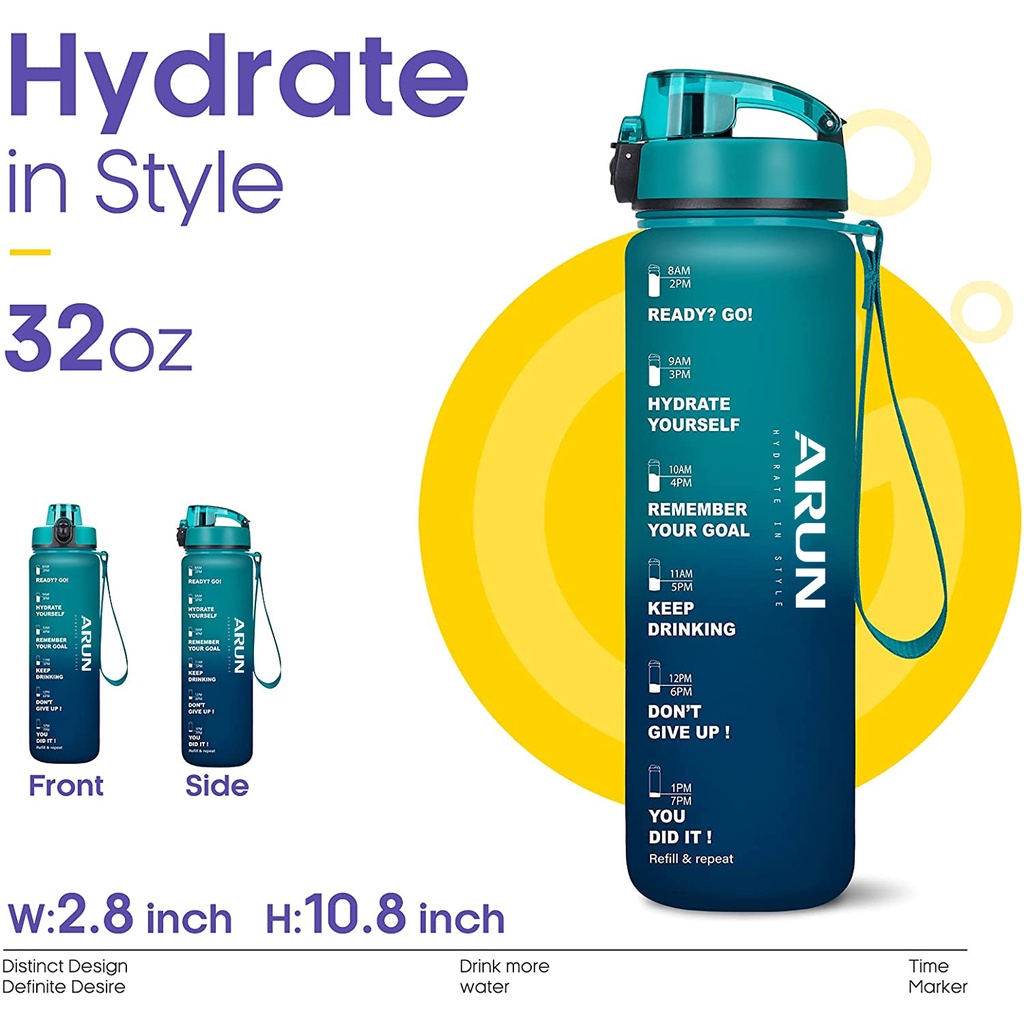 Picture of ARUN Motivational Water Bottle 1000ML with Times & Removable Strainer To Drink, Resuable Leakproof