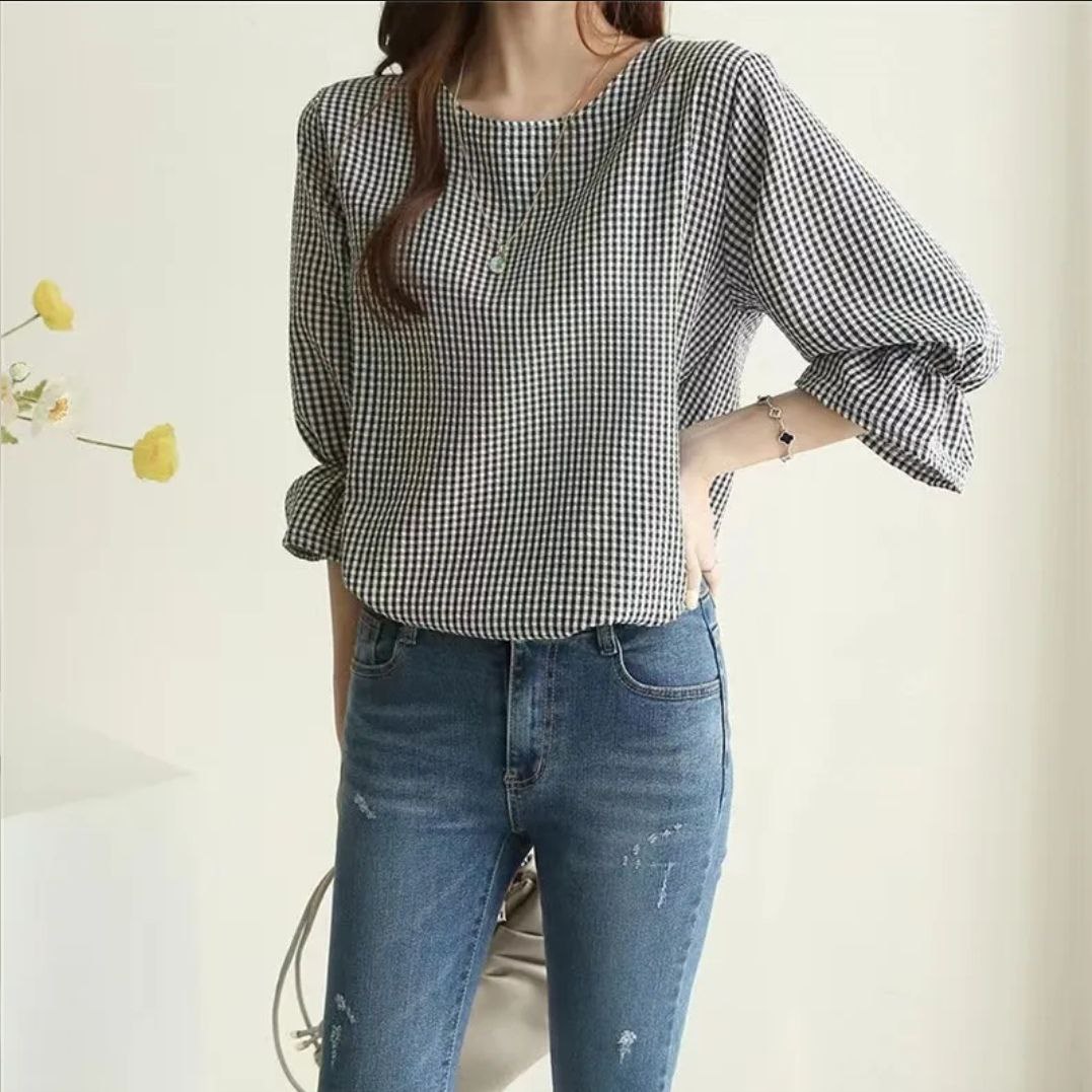 Picture of Korean Casual Plaid Lotus Leaf 3/4 Sleeves Round Neck Plus Size Stripes Blouse For Women